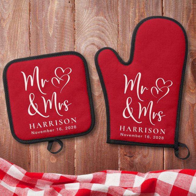 Mr Mrs Hearts Monogram Red Wedding Oven Mitt & Pot Holder Set (Creator Uploaded)