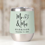 Mr Mrs Hearts Sage Green Wedding<br><div class="desc">Custom sage green thermal tumbler to celebrate with at your wedding or anniversary featuring "Mr & Mrs" in a large elegant script and an illustration of two hearts joined together. Add your name and wedding date below in elegant modern typography. You can change the sage green background colour if desired...</div>
