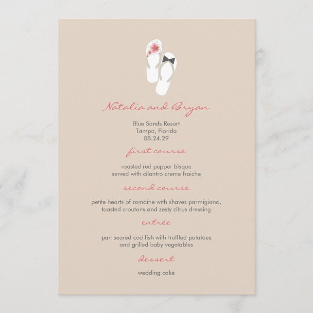 Mr & Mrs Hibiscus Flip Flops Wedding Menu Card (Front)