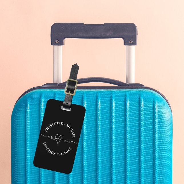 Mr mrs honeymoon black white newlyweds luggage tag (Creator Uploaded)