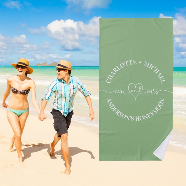 Mr mrs honeymoon sage green white newlyweds beach towel (Creator Uploaded)