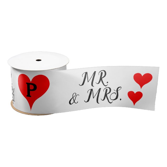 Mr. Mrs. Initials Red Hearts  Satin Ribbon (Spool)