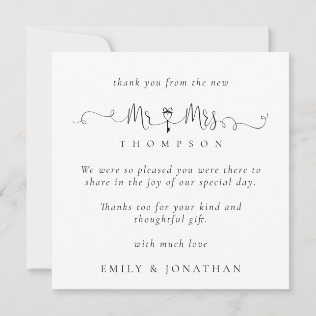 Mr Mrs Key Motif Script Wedding Thank You Card (Front)