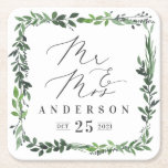 Mr & Mrs leafy watercolor elegant Square Paper Coaster<br><div class="desc">Vintage rustic watercolor leafy frame wedding coasters. Geometric frame with leafy watercolor foliage decoration. Part of a collection.</div>