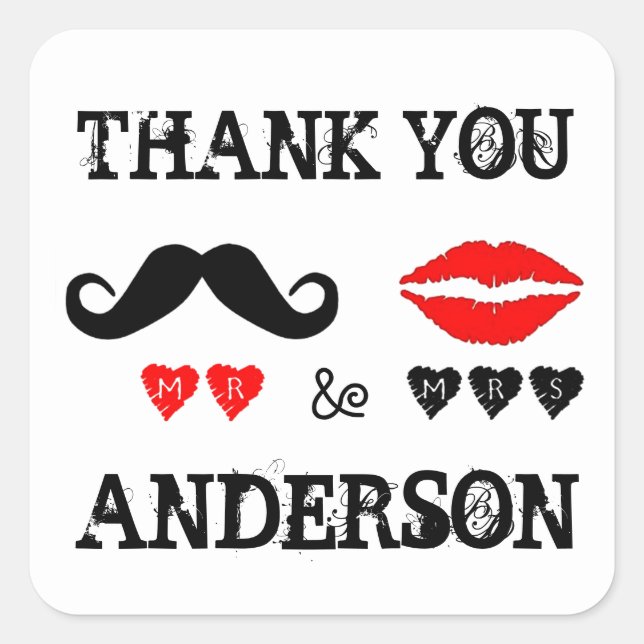 Mr. & Mrs. Lips & Moustache Wedding Favour Sticker (Front)