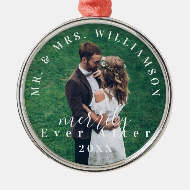 Mr. & Mrs. | Merrily Ever After Holiday Photo Metal Tree Decoration (Front)