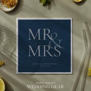 MR&MRS Minimal Typographic Navy Blue Cocktail Napkin