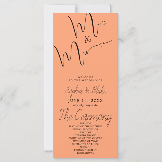 Mr & Mrs Minimalist Cantaloupe Wedding Program (Front)