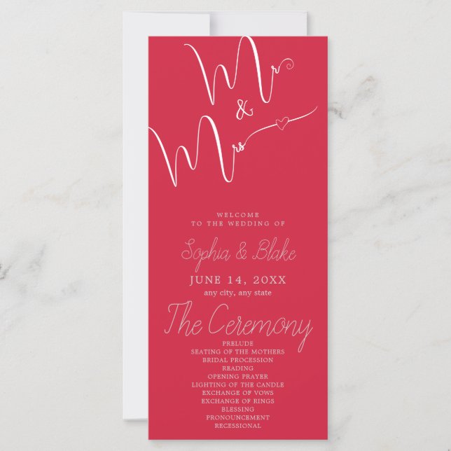 Mr & Mrs Minimalist Raspberry Pink Wedding Program (Front)