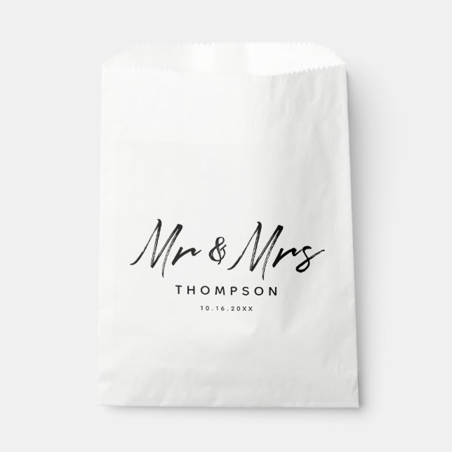 Mr. & Mrs. Modern Black White Script  Wedding   Favour Bags (Front)