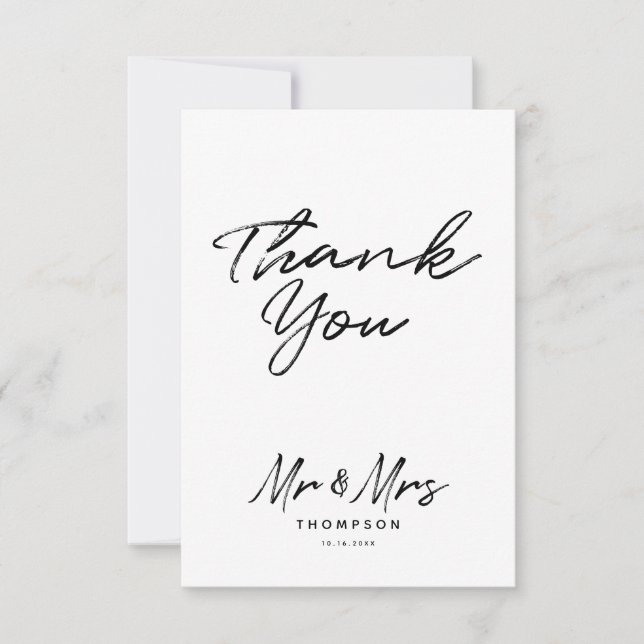 Mr. & Mrs. Modern Black White Script  Wedding Thank You Card (Front)