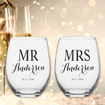 Mr & Mrs Modern Elegant Custom Name Date Wedding  Stemless Wine Glass<br><div class="desc">Add the finishing touch to your wedding with our elegant Mr & Mrs wine glass. This wedding wine glass set is a perfect wedding keepsake that the newlyweds will cherish forever. Adding a personalised touch with their monogram initial, names and wedding date will make it a truly special memento. The...</div>