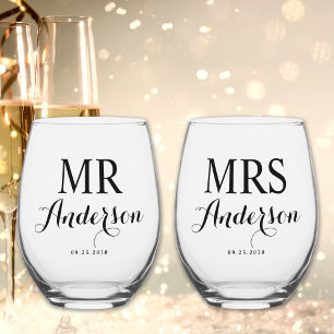 Mr & Mrs Modern Elegant Custom Name Date Wedding  Stemless Wine Glass