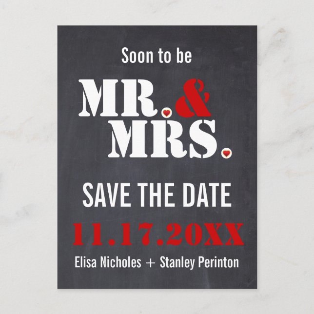 Mr. & Mrs. Modern typography wedding Save the Date Announcement Postcard (Front)