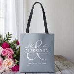Mr Mrs Monogram Dusty Blue Wedding  Tote Bag<br><div class="desc">Bring soft, romantic charm to your celebration with our Mr. and Mrs. Monogram Dusty Blue Wedding Tote Bag. Featuring a delicate dusty blue background, elegant “Mr. & Mrs.” script, and your personalised monogram, this tote perfectly blends timeless style with practical function. Ideal for wedding welcome bags, bridal party gifts, or...</div>