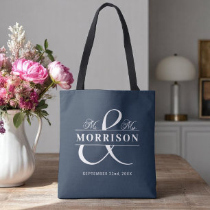 Mr Mrs Monogram Navy Blue Wedding  Tote Bag