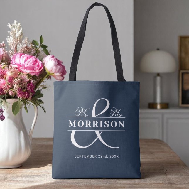 Mr Mrs Monogram Navy Blue Wedding  Tote Bag (Creator Uploaded)