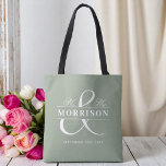 Mr Mrs Monogram Sage Green Wedding  Tote Bag<br><div class="desc">Add a fresh and personal touch to your celebration with our Mr. and Mrs. Monogram Sage Green Wedding Tote Bag. Featuring a soft sage green background, elegant “Mr. & Mrs.” script, and your custom monogram, this stylish tote is perfect for welcome bags, bridal party gifts, or guest favours. Combining modern...</div>