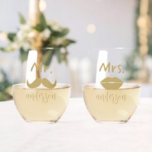 Mr & Mrs. Moustache Lips Personalised Wedding  Stemless Wine Glass