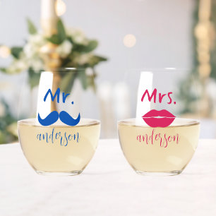 Mr & Mrs. Moustache Lips Personalised Wedding  Stemless Wine Glass