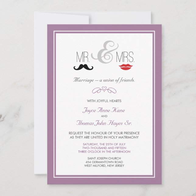 Mr. & Mrs. Moustache & Lipstick Invitation (custom (Front)