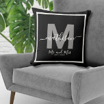Mr Mrs Name Black Newlywed Monogram Cushion<br><div class="desc">Personalised Mr. and Mrs. Monogram Throw Pillow with Year Established. This elegant newlywed pillow is the perfect way to celebrate a couple’s new life together. The design features a bold grey initial in the background, representing their last name, with "Mr. and Mrs." beautifully written beneath in chic white script calligraphy....</div>