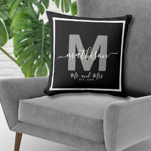 Mr Mrs Name Black Newlywed Monogram Cushion
