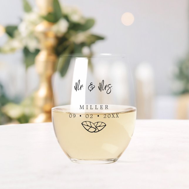 Mr & Mrs Name Date Twin Leaves Stemless Wine Glass (Insitu (Wedding))