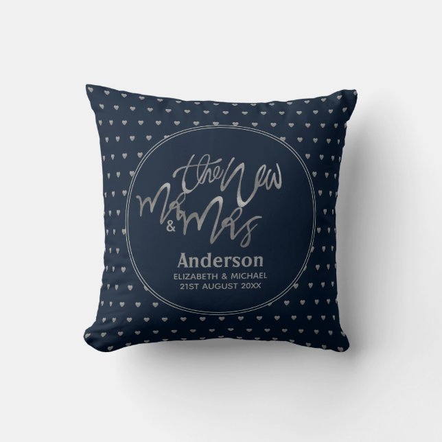 Mr & Mrs (Name, Date) Wedding Navy Silver Hearts Cushion (Front)