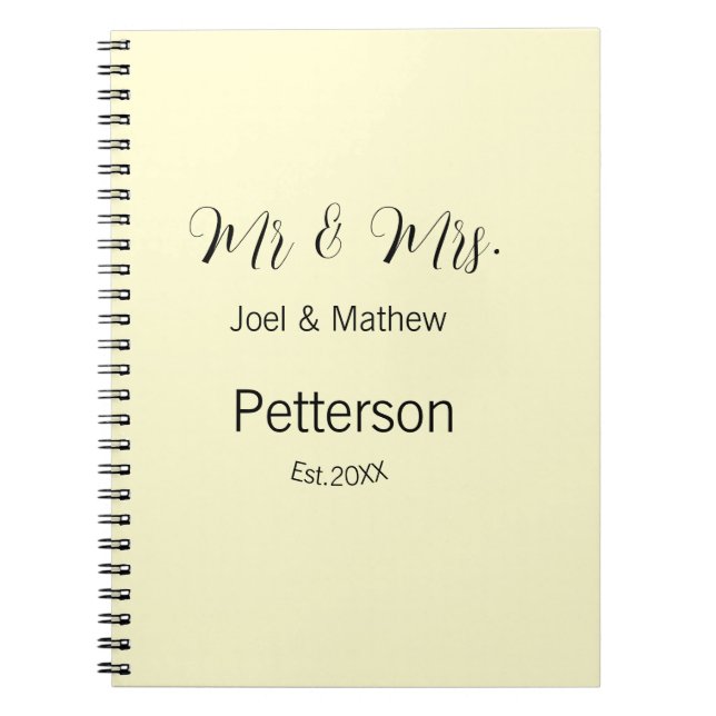mr & mrs name est year wedding couple simple yello notebook (Front)