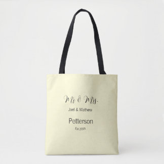 mr & mrs name est year wedding couple simple yello tote bag