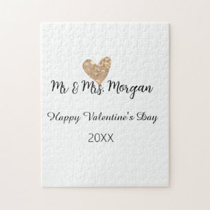 Mr & Mrs name happy Valentine's day gold heart  Jigsaw Puzzle