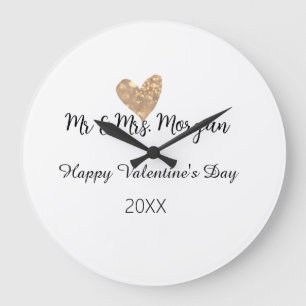 Mr & Mrs name happy Valentine's day gold heart Large Clock