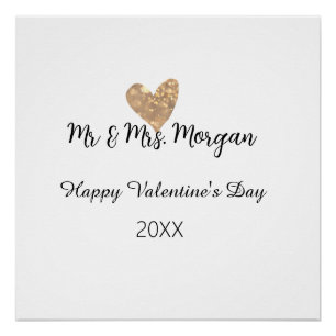 Mr & Mrs name happy Valentine's day gold heart  Poster