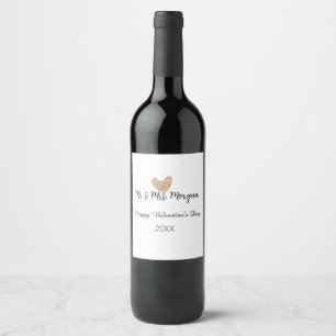 Mr & Mrs name happy Valentine's day gold heart Wine Label