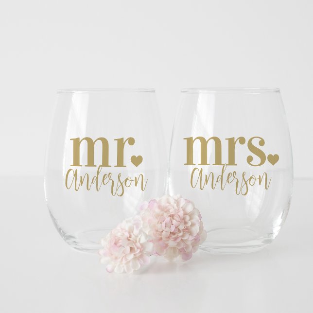 Mr. & Mrs. Name Personalised Wedding Stemless Wine Glass (Creator Uploaded)