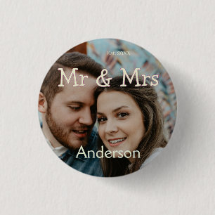 mr & mrs name photo christmas couple wedding yello 3 cm round badge
