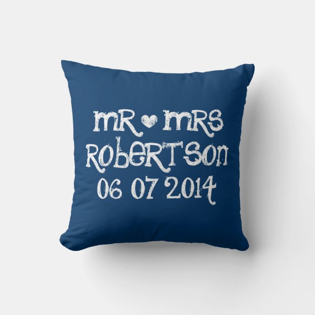 Mr & Mrs navy blue and white wedding throw pillow (Front)