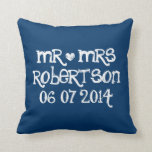 Mr & Mrs navy blue and white wedding throw pillow<br><div class="desc">Mr & Mrs navy blue and white wedding throw pillow. Custom Mr and Mrs chalk handwriting wedding throw pillow with vintage love heart. Personalised chalk board pillow cushions for sofa or bed. Fun design with white heart and name of newly wed couple. Cute home decor personalised for bride and groom...</div>