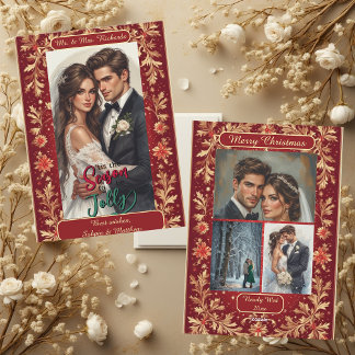 Mr & Mrs Newly Wed Christmas Gold Foliage 4 Photos Holiday Card