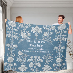 Mr & Mrs Newly Wed Dusty Blue French Country Flora Fleece Blanket
