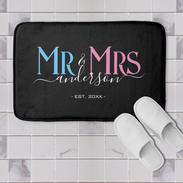 Mr & Mrs Newlywed Couple Wedding Anniversary Black Bath Mat (black mr and mrs bathmat with pink blue and white typography)