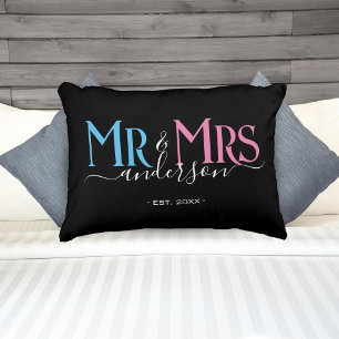 Mr & Mrs Newlywed Couple Wedding Anniversary Black Decorative Cushion