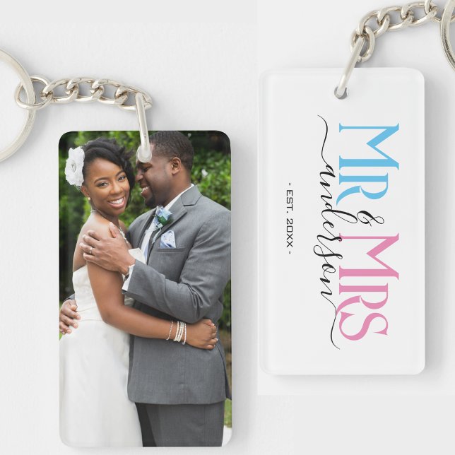 Mr & Mrs Newlywed Couple Wedding Anniversary Photo Key Ring (newlywed couple mr and mrs keychain with photo)