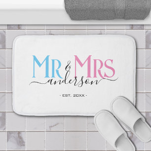 Mr & Mrs Newlywed Couple Wedding Anniversary White Bath Mat