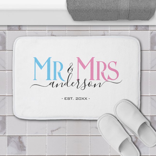 Mr & Mrs Newlywed Couple Wedding Anniversary White Bath Mat (pink and blue mr and mrs wedding anniversary bathroom decoration white bathmat)