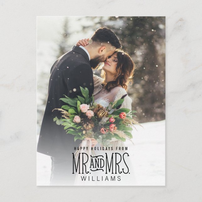 Mr. & Mrs. Newlywed Hand-Lettered Photo Christmas Holiday Postcard (Front)