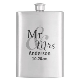 Mr. & Mrs. Newlywed Surname with Wedding Date Flas Hip Flask