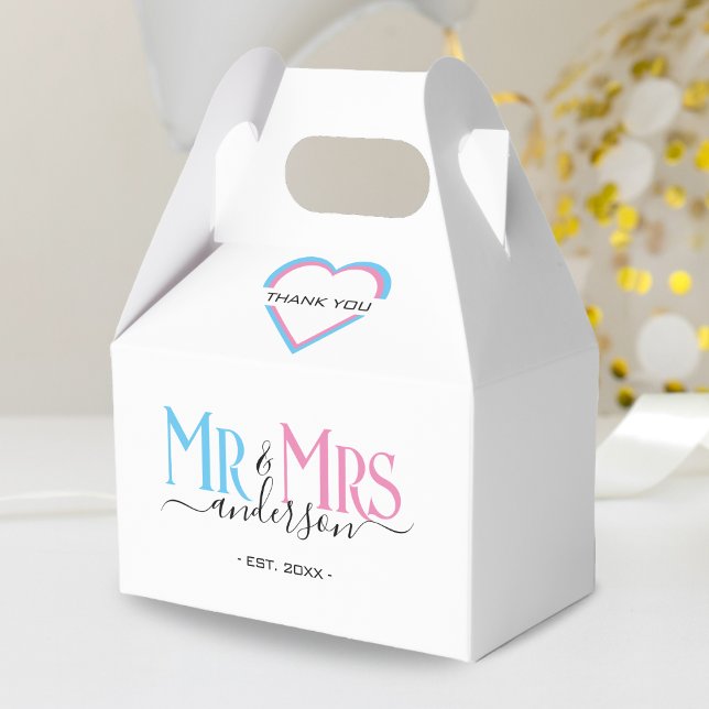 Mr & Mrs Newlywed Wedding Favour Thank You Box (pink & blue mr and mrs thank you wedding favor box)