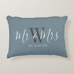 Mr Mrs Newlyweds Dusty Blue Script Monogram Decorative Cushion
